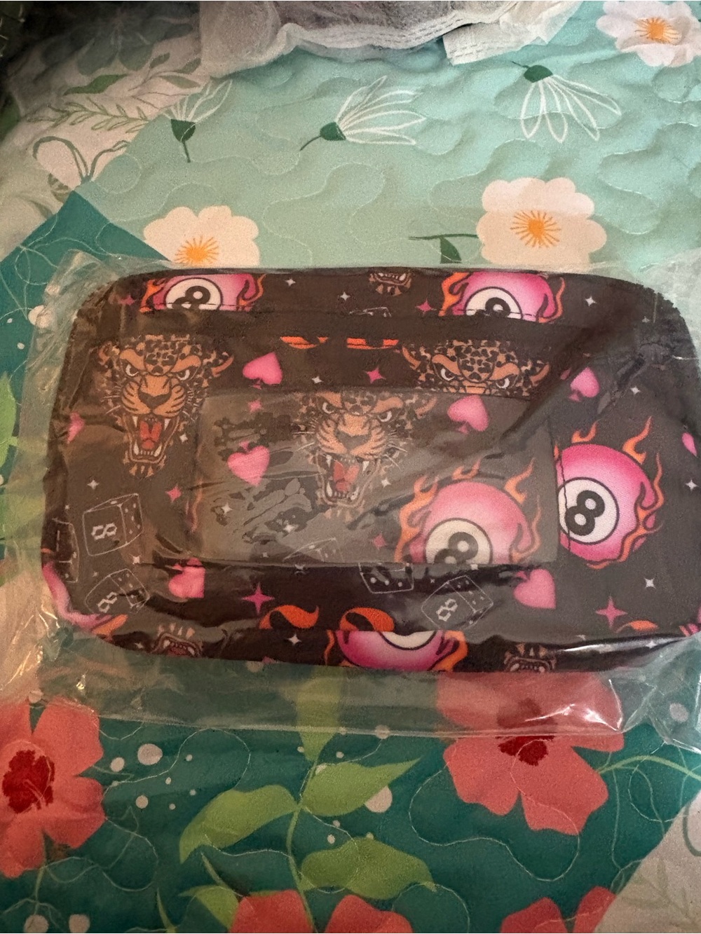 Gold Blush Black Graphic Tiger & Flaming 8-Ball Wristlet
